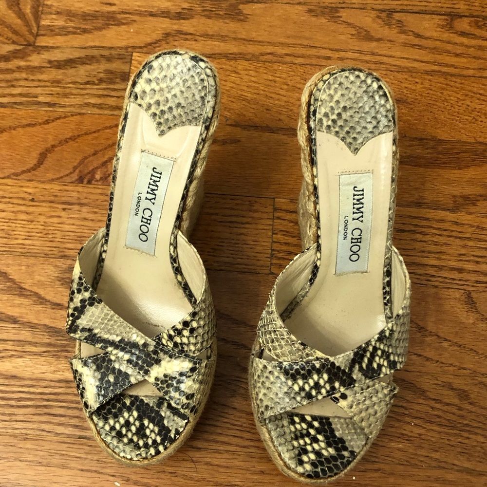 Jimmy Choo Beige and Black Snakeskin Espadrille Wedge Sandals